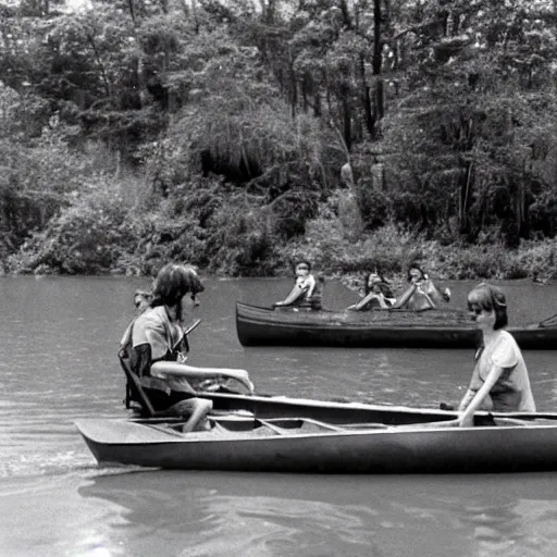 Image similar to a horrible eldritch being made of canoes and canoe paddles, eerie photo, 1 9 8 0 s nostalgic camp photo