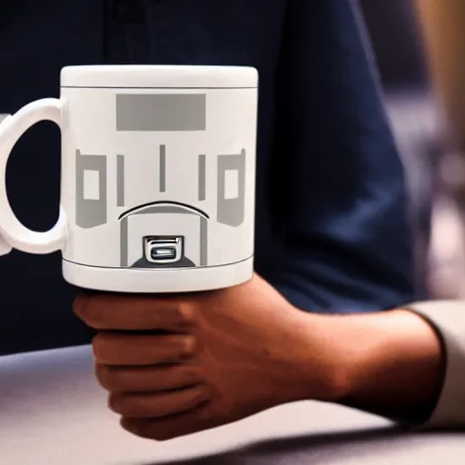 Image similar to A robot coffee mug designed by Anakin Skywalker to fit where his hand used to be, still from star wars,