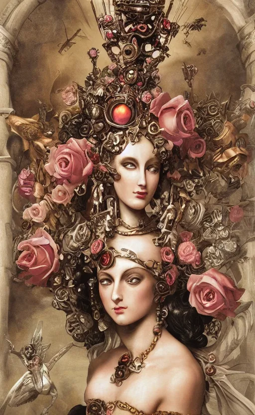 Image similar to a young beautiful Italian metal android with a large glowing pink crystal in the center of her chest, full-body bronze cyberpunk style statue of Andromeda with glowing red eyes, crown of mechanical peach roses, flowing peach silk, fabric, steampunk flowers. baroque elements, human skull. full-length view. baroque element. intricate artwork by caravaggio. many flying horses on background. Trending on artstation, octane render, cinematic lighting from the right, hyper realism, octane render, 8k, depth of field, 3D