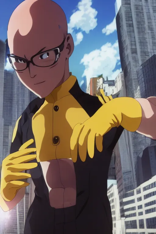 Image similar to side profile, saitama, young bald man, yellow buisness suit, red gloves, looking down, 8k, ultra detail, anime, full body shot