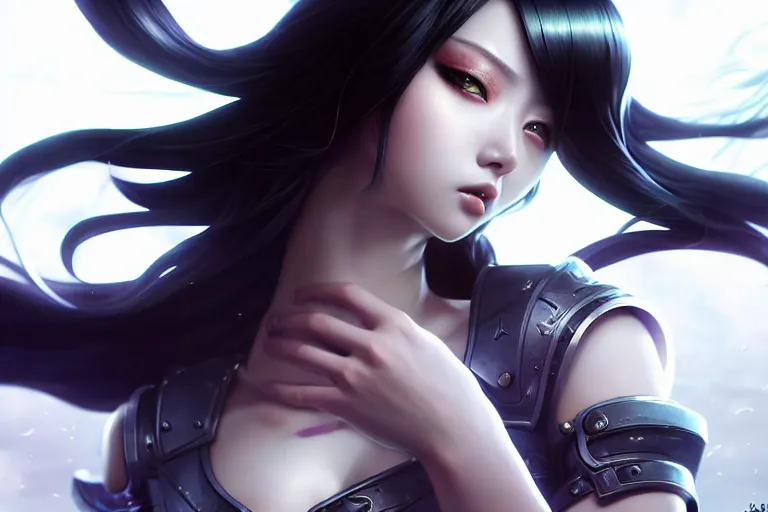 Image similar to extremely beautiful aesthetic girl with ego weapons, black long hair, occlusion shadow, specular reflection, rim light, unreal engine, octane render, artgerm, artstation, art by hiroaki samura and jiro matsumoto and yusuke murata, high quality, highly detailed 8 k, fantasy illustration, beautiful shape of face and body, epic scene