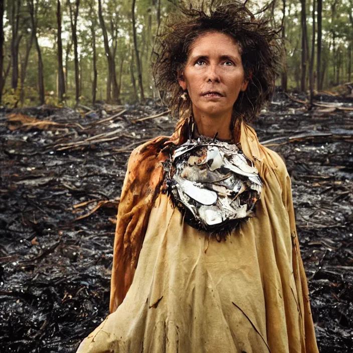 Image similar to closeup portrait of a woman wearing a cloak made of garbage and junk, standing in a burnt forest, by Annie Leibovitz and Steve McCurry, natural light, detailed face, CANON Eos C300, ƒ1.8, 35mm, 8K, medium-format print