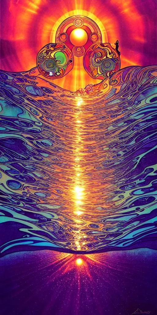 Image similar to ocean wave around psychedelic mushroom, dmt water, lsd droplets, backlit, sunset, refracted lighting, art by collier, albert aublet, krenz cushart, artem demura, alphonse mucha