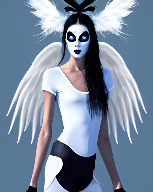 Prompt: skinny blue demon, full body, white feathery angel wings, white t - shirt and black leggings, digital art, trending on artstation, two black horns, two long pointy ears, wearing excessive jewelry, black freckles, clawed hands feet, highly detailed, dynamic shadows, 4 k