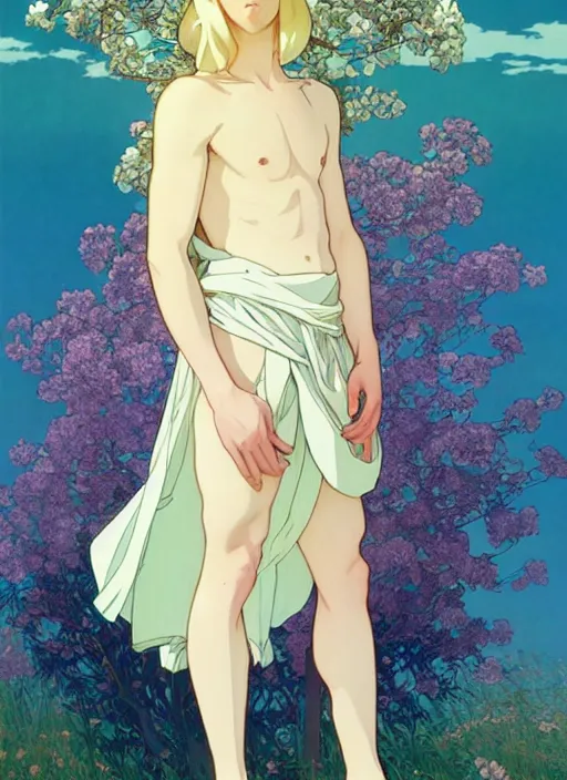 Image similar to pretty young man with shoulder length blond hair, male, half body shot, path traced, highly detailed, high quality, digital painting, by studio ghibli and alphonse mucha, leesha hannigan, hidari, art nouveau, chiho aoshima, posuka demizu