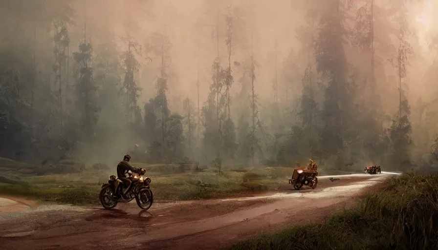 Image similar to a british officer driving a motorcycle alone in 1921 in kerala forest road, local people chasing to attack, furious action scene, chase, an epic fantasy, dramatic lighting, cinematic, establishing shot, extremely high detail, photorealistic, cinematic lighting, artstation, by simon stalenhag, horizon forbidden west