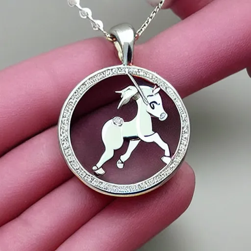 Prompt: a lovely cute silver cartoon unicorn necklace pendant, pandora style, tiffany style, swarovski style, van cleef & arpels style, cartier style, boucheron style, bulgari style, chaumet style, elegant, noble, stylish