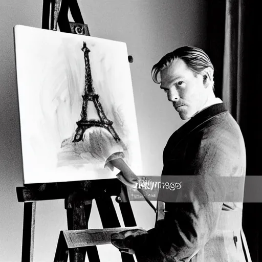 Image similar to ewan mcgregor is dressed as a gentleman at early 2 0 th century paris. he is watching an easel. that easel has a canvas on it. ewan mcgregor has a brush on his hand. he is painting a painting. realistic painting with strong outlines