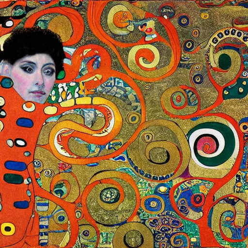 Image similar to complex ouroboros feathered serpent biting its tail large painting by gustav klimt