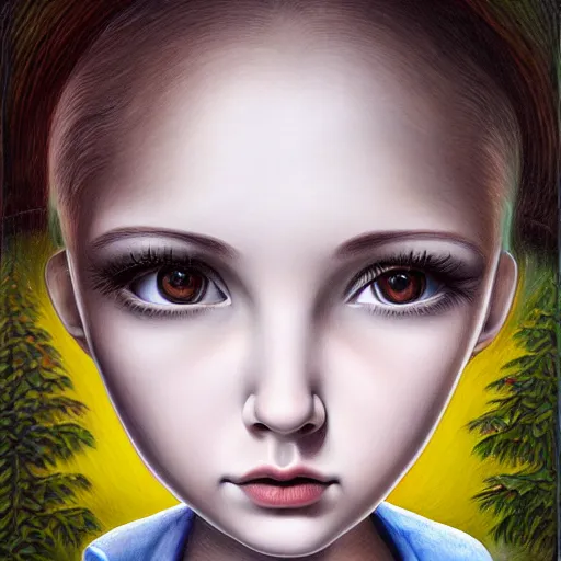 Image similar to hyper detailed portrait painting of a girl with big eyes in the style of artist mark ryden, symmetrical composition, in a landscape