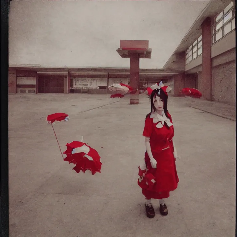 Prompt: atmospheric polaroid photo of reimu hakurei at an abandoned mall