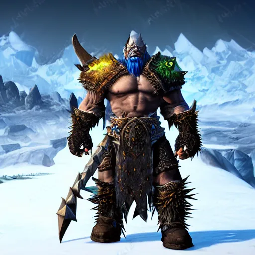 Image similar to world of warcraft orc warrior in spiky epic full plate armor standing in a vast icy lands and dark icy mounatins in the background, extremely detailed, wow, cinematic, unreal engine 5, artistic, movie poster, world of warcraft cinematics style