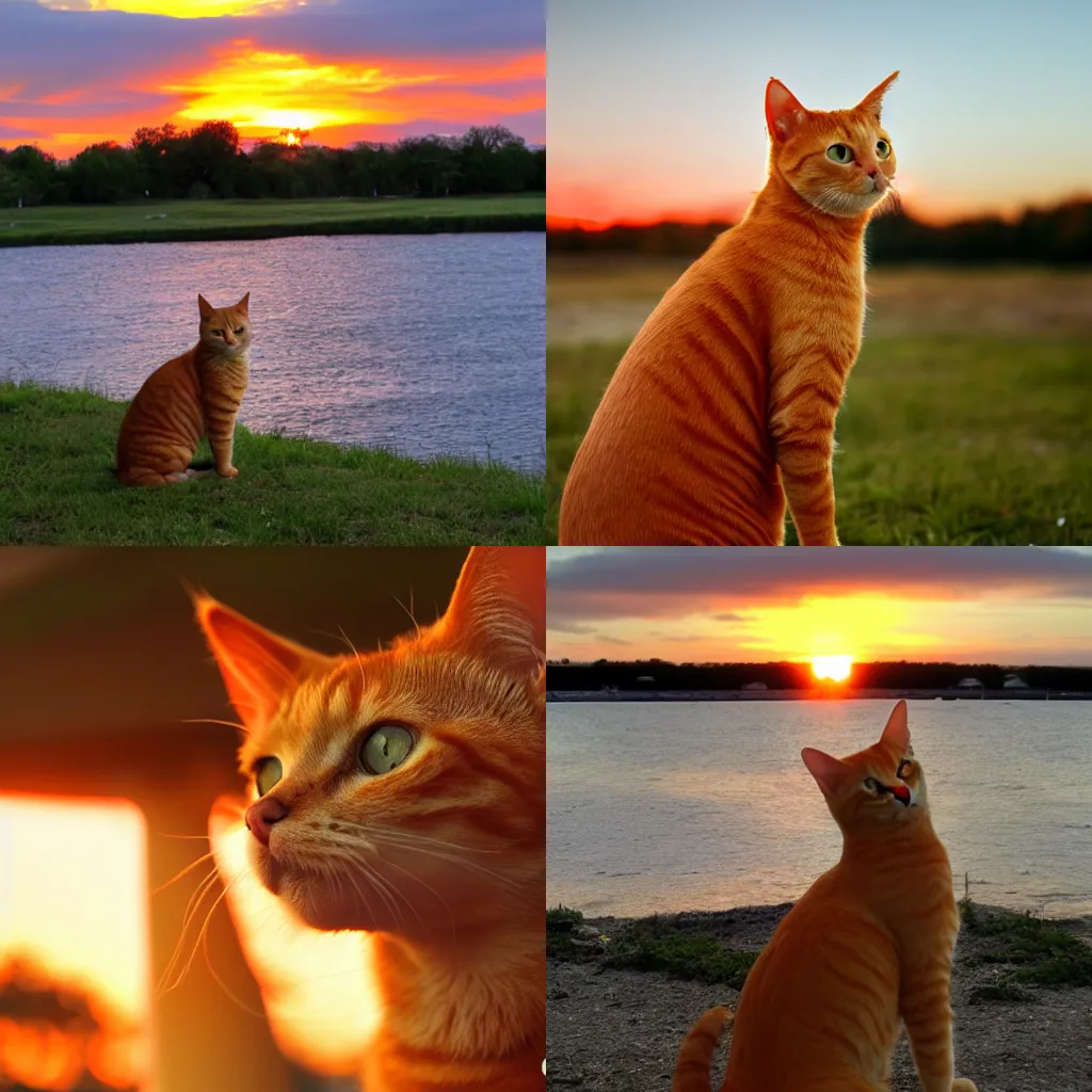 Prompt: orange tabby cat is admiring the sunset