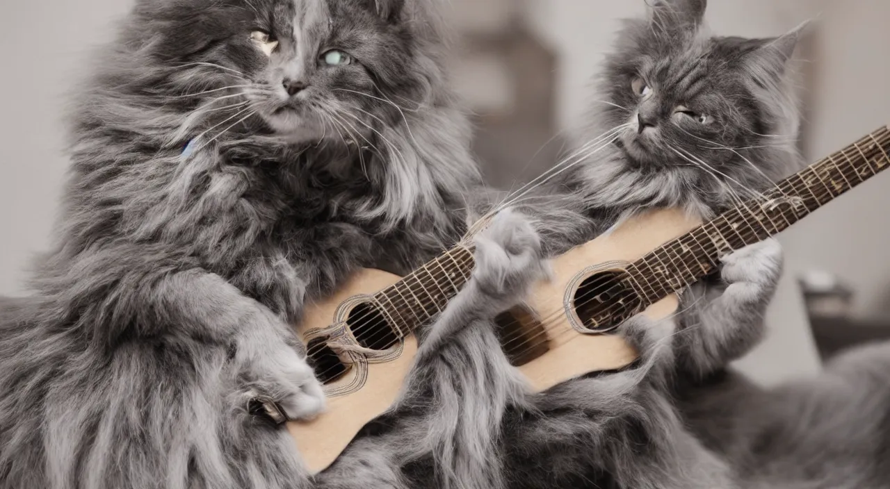 Prompt: long haired gray cat playing guitar 5 5 mm photography detailed footage