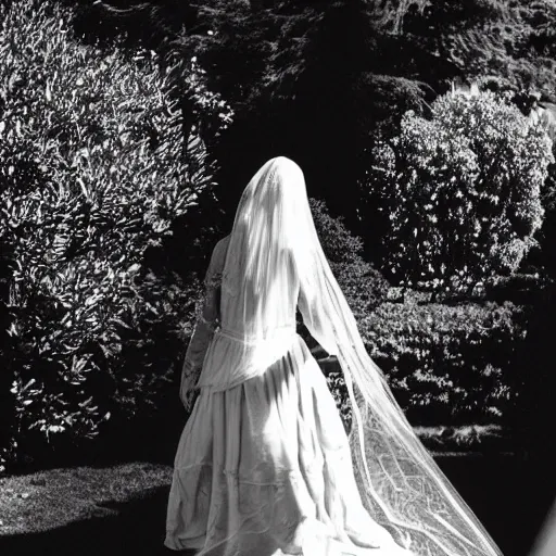 Prompt: gritty film photo of veiled figure walking through garden, black and white film photo, black and white picture, gain and film scratches, moody lighting, realistic, ultra fine details