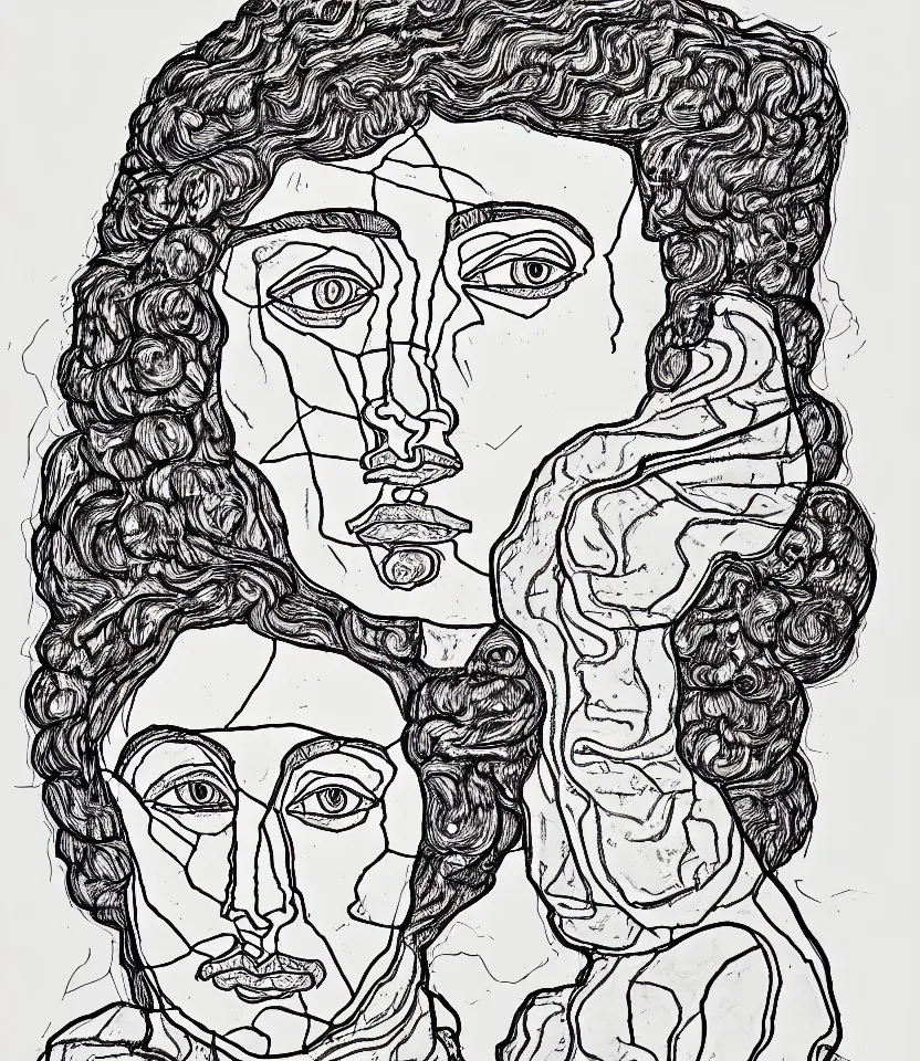 Image similar to detailed line art portrait of joan of arc, inspired by egon schiele. caricatural, minimalist, bold contour lines, musicality, soft twirls curls and curves, confident personality, raw emotion