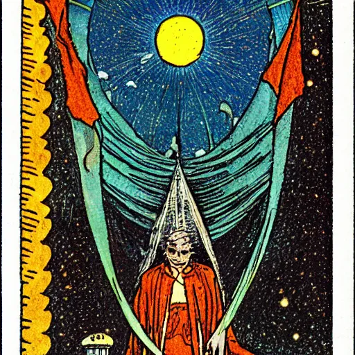 Image similar to the tarot card of the magician painted by moebius.