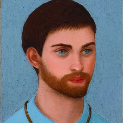 Image similar to a very detailed portrait of a young adult man in completely baby blue tunic, wearing a gold medallion!!! around his neck. he has an oval shaped head and roundish nose, blue eyes, kind face and no facial hair. he has dark brown hair and wears it in a tight long ponytail.