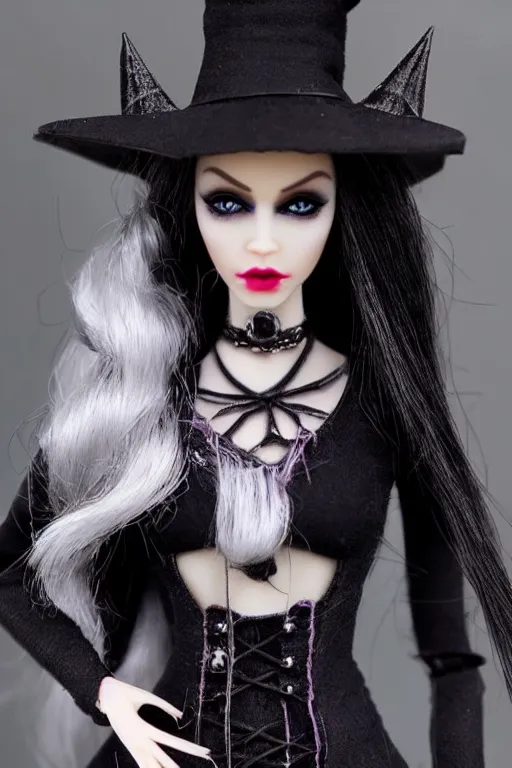 Image similar to gothic witch barbie doll, photorealistic, highly detailed,