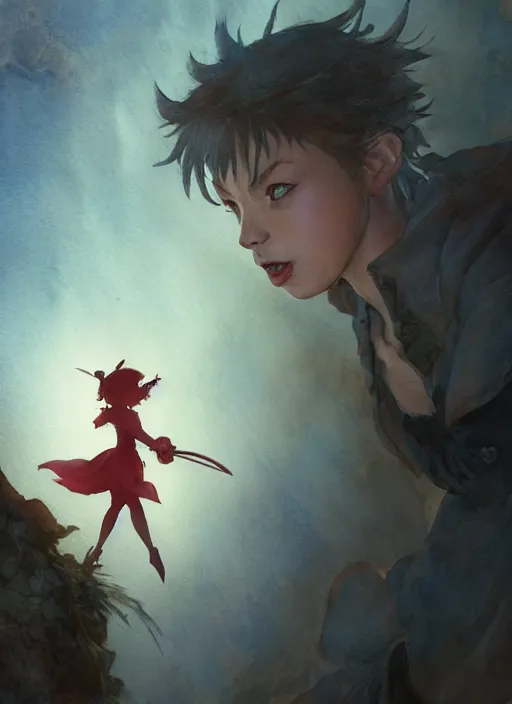 Image similar to portrait, Peter Pan and Tinkerbell, watercolor, dramatic lighting, cinematic, establishing shot, extremly high detail, foto realistic, cinematic lighting, pen and ink, intricate line drawings, by Yoshitaka Amano, Ruan Jia, Kentaro Miura, Artgerm, post processed, concept art, artstation, matte painting, style by eddie mendoza, raphael lacoste, alex ross