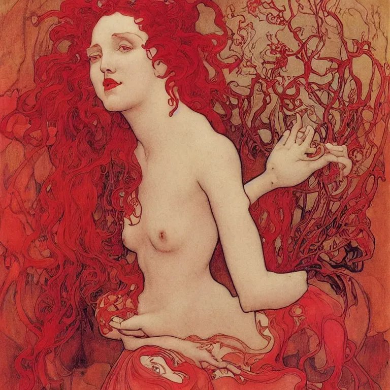 Image similar to Woman with red hair in a red dress standing in a pink room Anton Pieck,Jean Delville, Amano,Yves Tanguy, Alphonse Mucha, Ernst Haeckel, Edward Robert Hughes,Stanisław Szukalski and Roger Dean