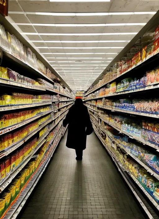 Image similar to being hunted by a monster in a labyrinth of grocery store aisles. liminal. dramatic lighting