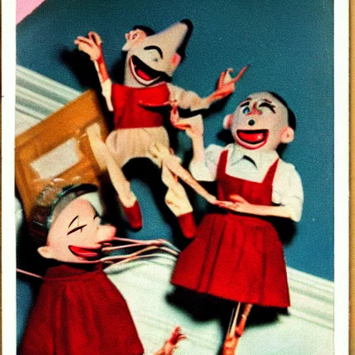 Image similar to 1 9 5 0 s children puppets on strings attacking viewer, angry face, scary, fear, horror, thriller, cinematic still, jumping towards viewer, jump scare, pov, wide shot, polaroid,