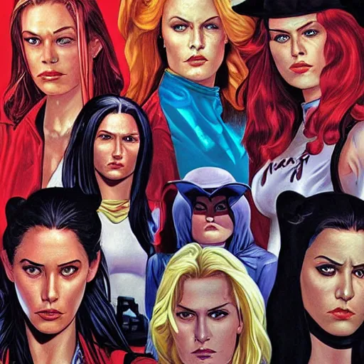 Image similar to portrait of an outlaw female gang, by alex ross.