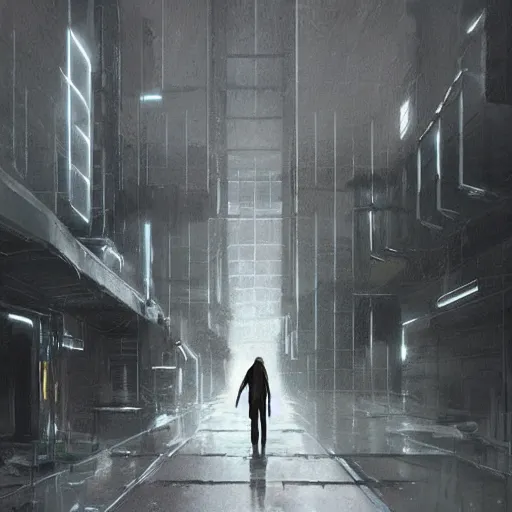 Prompt: concept art by greg rutkowski, a very tall and slender cyborg, talking to a short woman dressed in a utilitarian black and white jumpsuit, high tech and futuristic white walled environment, unnatural lighting, uncanny atmosphere, frightening and creepy atmosphere, scifi, highly detailed portrait, digital painting, artstation, concept art, smooth, sharp foccus ilustration, artstation hq