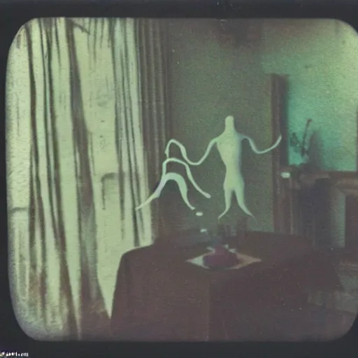 Prompt: coloured atmospheric polaroid photo of a realistic wraith figure in a interior of dining ro! dream coloured atmospheric polaroid photo of a with transparent ghostly banshee corpse body floating in old living room interior - n 9 om low light atmospheric