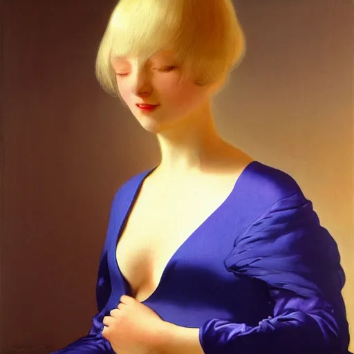 Image similar to young woman's face, her hair is white and she wears a cobalt blue duchesse satin cloak, by syd mead and moebius and roger dean and gaston bussiere and ivan aivazovsky and willem claesz and pieter claesz and paul delaroche and alma tadema and aelbert cuyp, hyperrealistic, volumetric light, octane