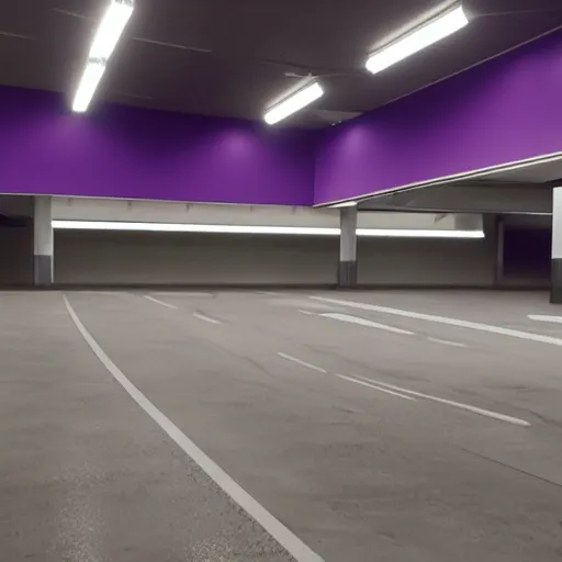 Prompt: nostalgic lonely underground IKEA parkinglot, purple colored lighting.
