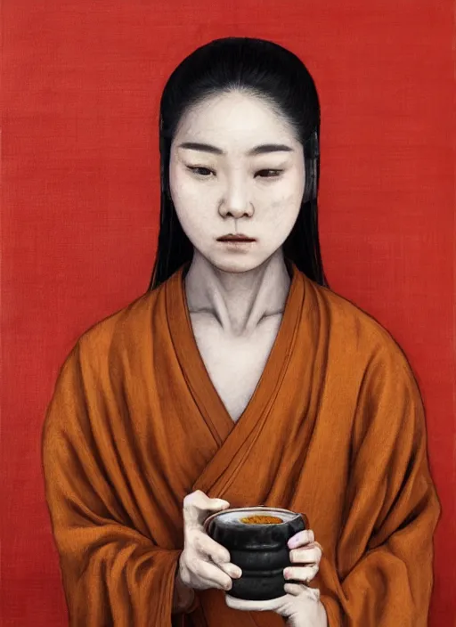 Image similar to full portrait of a female monk drinking a jar of baijiu by wlop, wuxia, xianxia, drunken boxing, drunken fist, drunken master, weathered olive skin, athletic, playful, fully clothed, monk's robe, baijiu, clay jar, detailed, realistic, anatomically accurate, fantasy illustration, artstation, wlop.