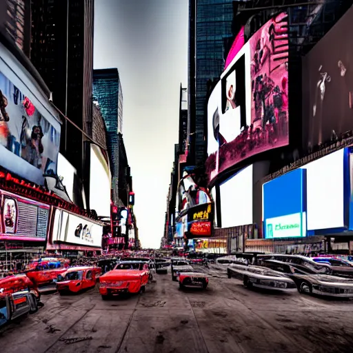 Image similar to times square in a post apocalyptic setting, 4 k, high detail, high - resolution photograph, professional photography, ultra - detail