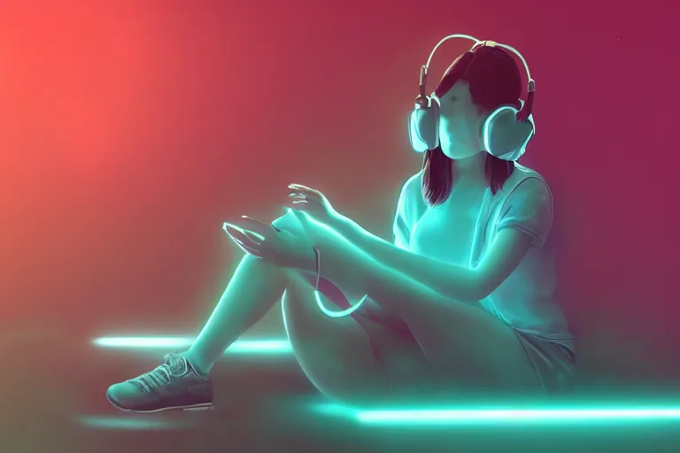 Image similar to a cute girl wearing headphones sitting on a cloud relaxing, misty, glows, digital art, hazy, foggy, red lighting, ambient lighting, 8 k, neon, synthwave, cyberpunk,