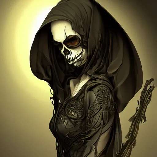 Prompt: an intricate, detailed face of the grim reaper, translucent skin, dramatic lighting, trending on artstation, art nouveau