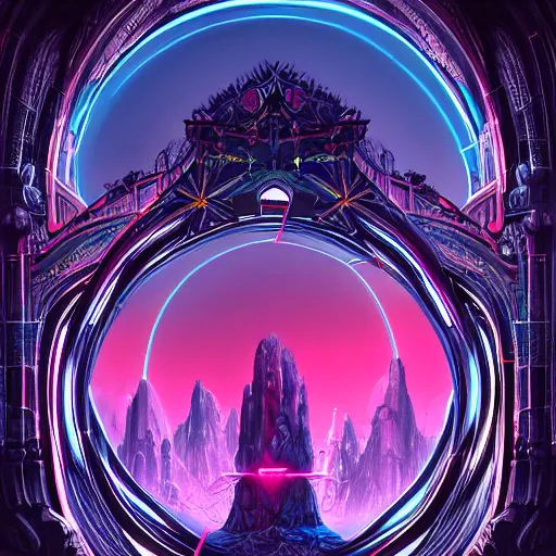 Image similar to portal to another dimension, magnificent, epic, neon, highly detailed, beautiful lighting, fantasy landscape, trending on artstation