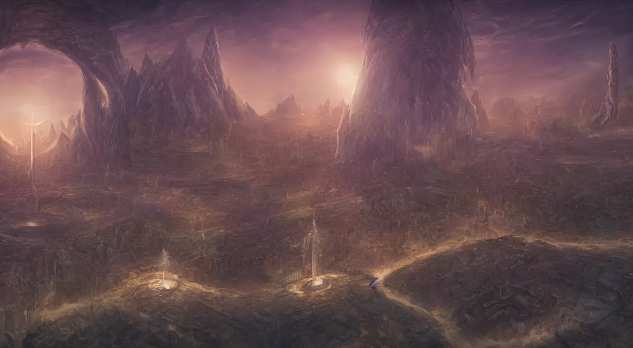 Image similar to beautiful digital painting of sigil, the city of doors, located atop the spire in the outlands. it has the shape of a torus, and the city itself is located on the inner surface of the ring. there is no sky, simply an all - pervasive light that waxes and wanes to create day and night.