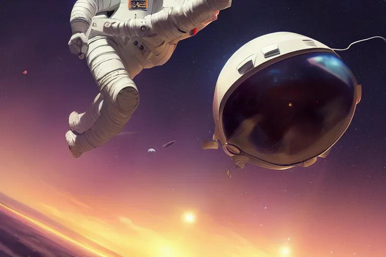 Image similar to astronaut chasing a distant spaceship Anime, wide angle, fine details, cinematic. galaxy starscape. realistic shaded lighting by Ilya Kuvshinov Giuseppe Dangelico Pino and Michael Garmash and Rob Rey greg rutkowski, octane render, IAMAG premiere, aaaa achievement collection, elegant freckles, cinematic hologram, fabulous, daily deviation, annual award winner