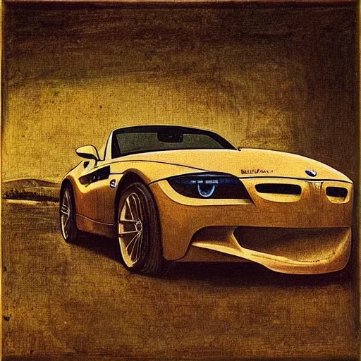 Prompt: “Painting of a BMW Z3 by Leonardo da Vinci, oil on canvas, 15th century”