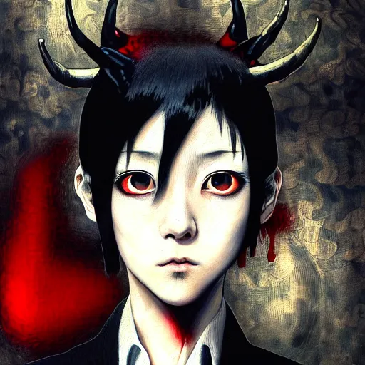 Image similar to yoshitaka amano blurred and dreamy realistic three quarter angle horror portrait of a sinister young woman with short hair, horns and red eyes wearing office suit with tie, junji ito abstract patterns in the background, satoshi kon anime, noisy film grain effect, highly detailed, renaissance oil painting, weird portrait angle, blurred lost edges