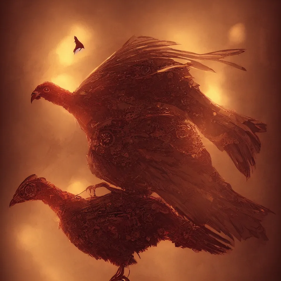 Prompt: a detailed concept art of a steampunk bird by miguel nogueira, gradient dark red, dynamic lighting, cinematic, epic composition, masterpiece