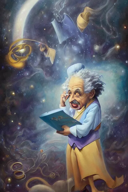 Prompt: breathtakingly beautiful painting of albert einstein dressed as a disney genie, thinking about equations, moonlit sky, matte painting by brian froud, shaun tan, wlo and peter mohrbacher, highly detailed, intricate,, award winning artwork, trending on artstation, high quality printing, fine art