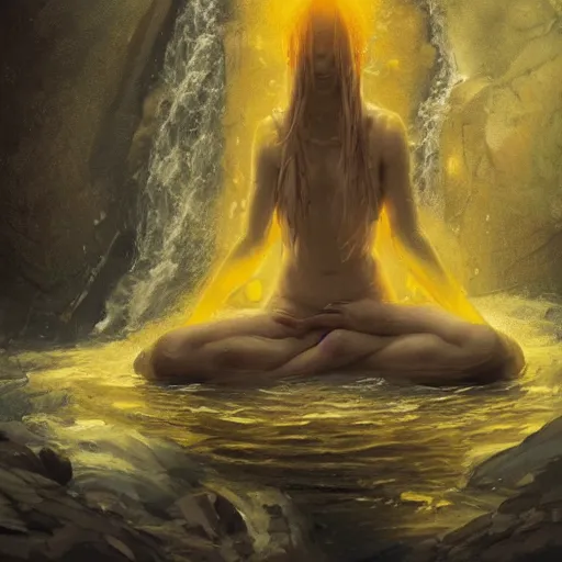 Image similar to a sage meditates under a waterfall pieces with glowing yelow eyes, as a realistic, torso, art by james jean and greg rutkowski!!, real body proportions, digital art,, golden ratio, perfect composition, trending on artstation, 8 k