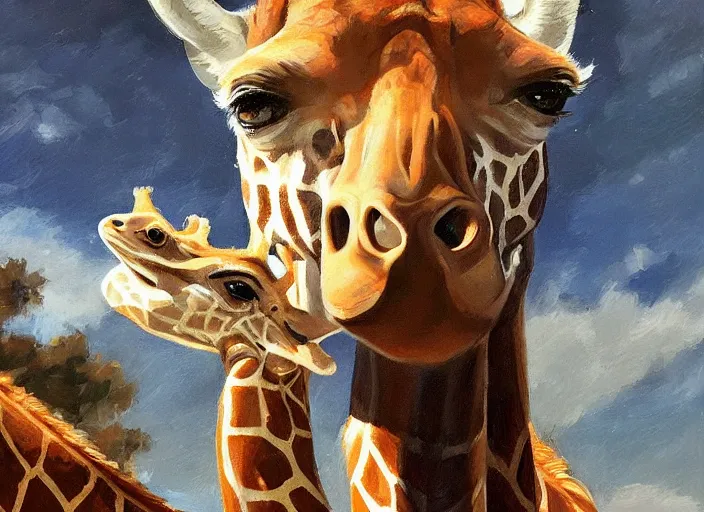 Image similar to a highly detailed beautiful portrait of elon musk with a giraffe, by gregory manchess, james gurney, james jean