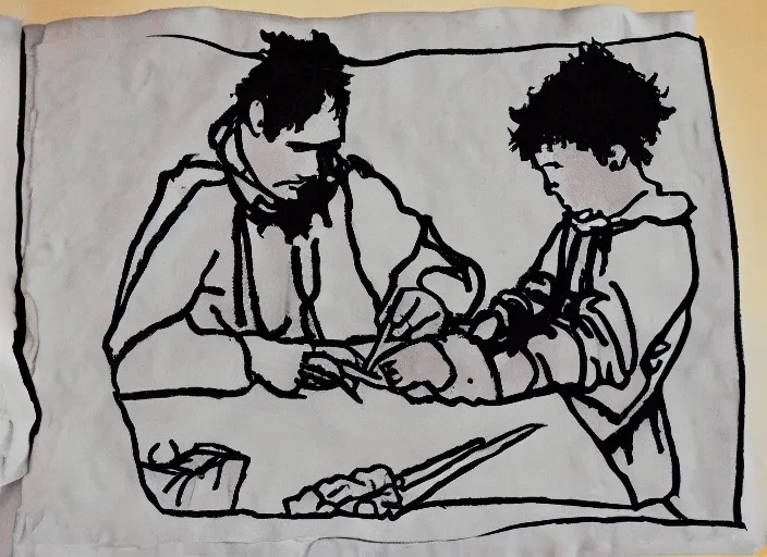 Prompt: an ms paint children's drawing doodled on a napkin by caravaggio