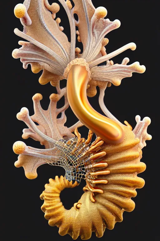 Prompt: complex 3d render ultra detailed of a beautiful porcelain colorful nudibranch, pure gold, distributed conciousness, biomechanical cyborg, analog, 150 mm lens, beautiful natural soft rim light, roots, fine foliage lace, ernst haeckel, chitin, visceral, art nouveau , intricate details, satin silver beautiful gold metal details, mesh wire, neri oxman, facial muscles, cable wires, microchip, elegant, hyper realistic, ultra detailed, octane render, volumetric lighting, 8k post-production