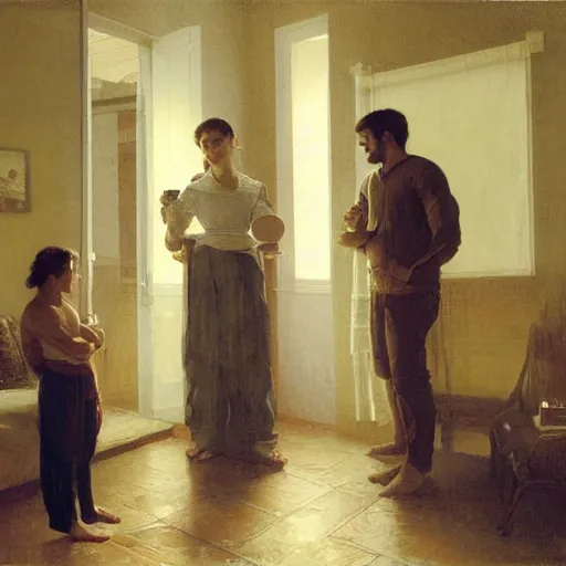 Image similar to a male patient at home with his wife and son standing by. happy, cheerful, smiling, intricate, face enhance, sharp focus, cinematic lighting, featured in artistation, 8 k, art by greg rutkowski, william adolphe bouguereau