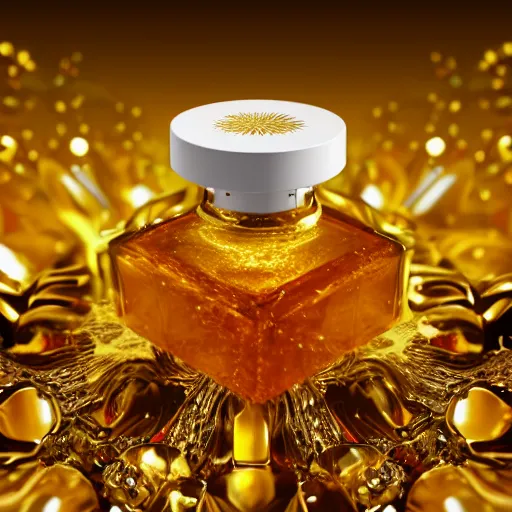 Image similar to perfume bottle lying in a golden puddle of rich honey, honeycomb, and gold lillies, path traced, environment, up close shot, zen white minimalist background