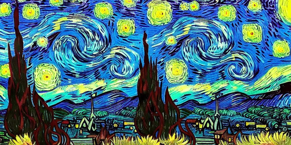 Image similar to monster standing in a field with colorful sunflowers during a starry night by Vincent van Gogh